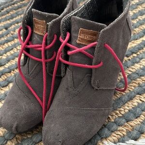 TOMS Charcoal Suede Ankle Boots with Pink Lace Accents